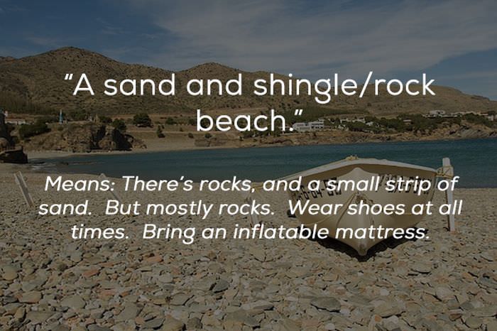eat clean - "A sand and shinglerock beach." Means There's rocks, and a small strip of sand. But mostly rocks. Wear shoes at all times. Bring an inflatable mattress.