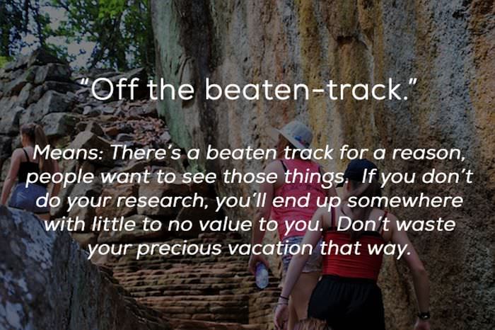 tree - "Off the beatentrack." Means There's a beaten track for a reason, people want to see those things. If you don't do your research, you'll end up somewhere with little to no value to you. Don't waste your precious vacation that way.