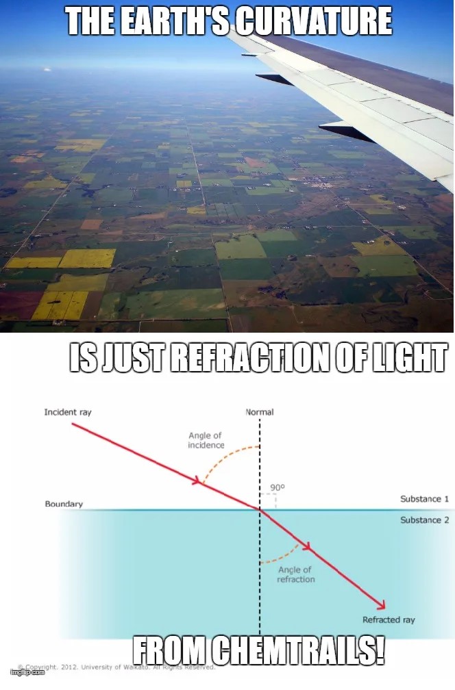 Flat earth proof meme about chemtrails and earths curvature