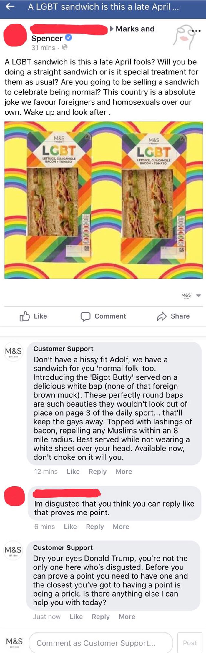 m&s lgbt sandwich customer service - A Lgbt sandwich is this a late April ... Marks and Spencer 31 mins. A Lgbt sandwich is this a late April fools? Will you be doing a straight sandwich or is it special treatment for them as usual? Are you going to be se