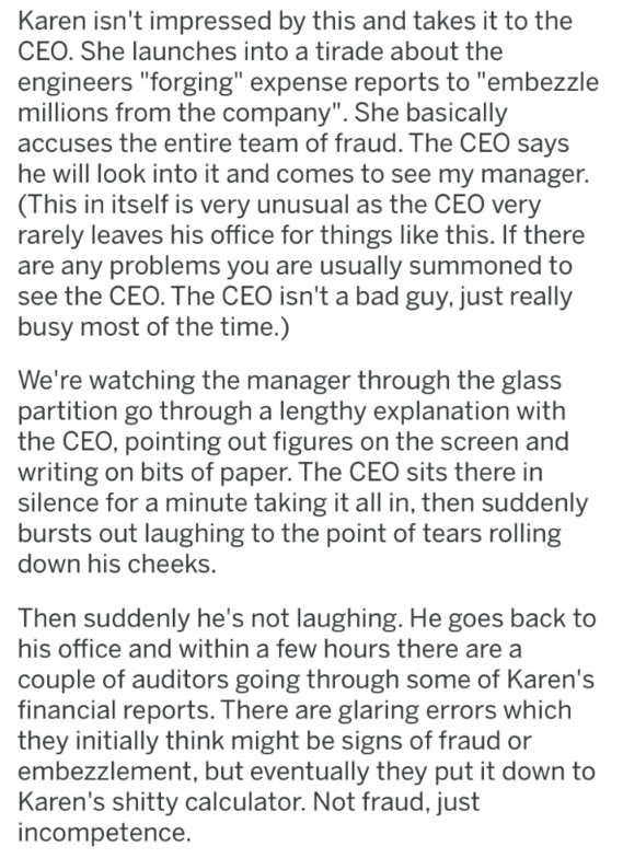 steven universe worst fandom - Karen isn't impressed by this and takes it to the Ceo. She launches into a tirade about the engineers "forging" expense reports to "embezzle millions from the company". She basically accuses the entire team of fraud. The Ceo