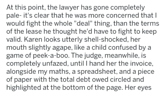 handwriting - At this point, the lawyer has gone completely pale it's clear that he was more concerned that I would fight the whole "deal" thing, than the terms of the lease he thought he'd have to fight to keep valid. Karen looks utterly shellshocked, he