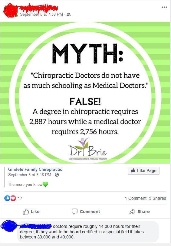 web page - September 5 at Myth "Chiropractic Doctors do not have as much schooling as Medical Doctors." False! A degree in chiropractic requires 2,887 hours while a medical doctor requires 2,756 hours. Dri Brie Ung Peduthis Peratal Wellness Gindele Family