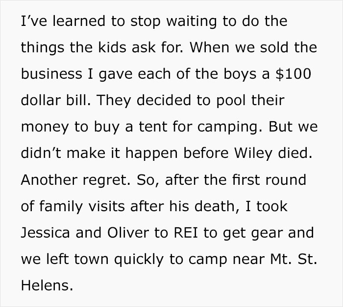 hufflepuff text post - I've learned to stop waiting to do the things the kids ask for. When we sold the business I gave each of the boys a $100 dollar bill. They decided to pool their money to buy a tent for camping. But we didn't make it happen before Wi
