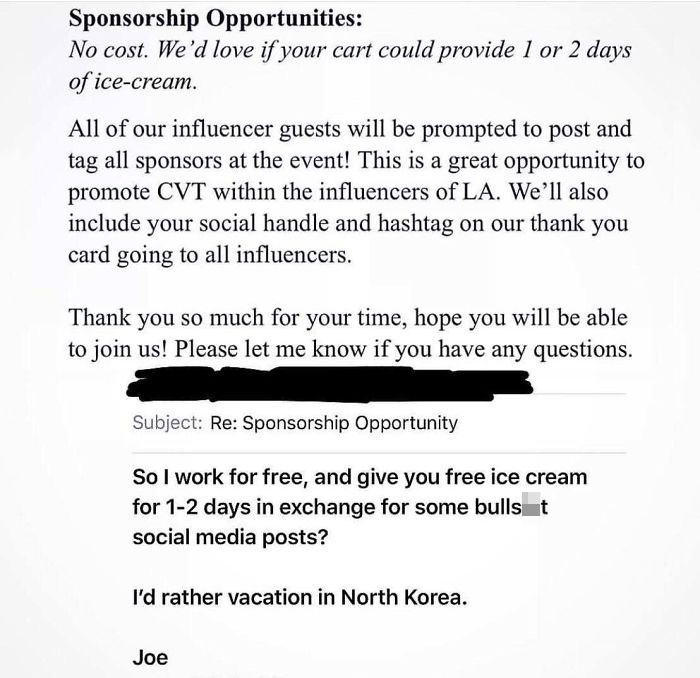 document - Sponsorship Opportunities No cost. We'd love if your cart could provide 1 or 2 days of icecream. All of our influencer guests will be prompted to post and tag all sponsors at the event! This is a great opportunity to promote Cvt within the infl