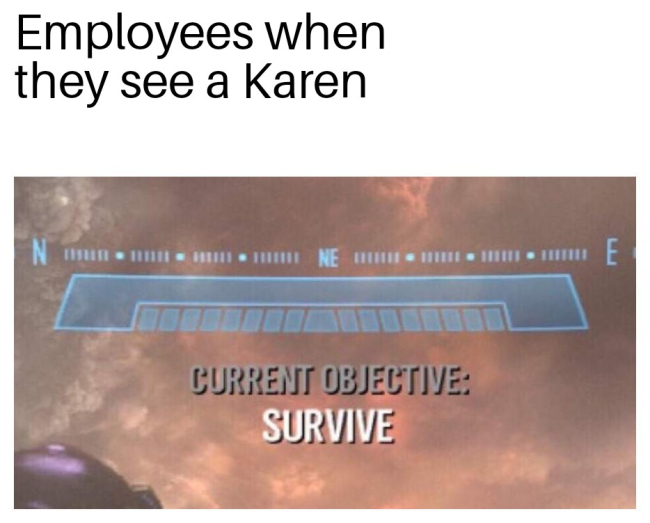 your girlfriend is mad at you - Employees when they see a Karen In 1 0011111 Ne H D .M . T Current Objective Survive