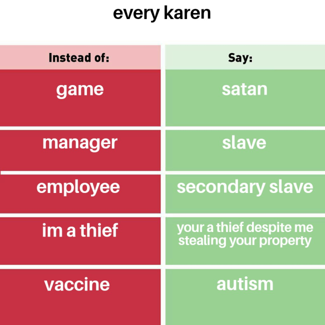 minor inconvenience i wanna fucking kill myself - every karen Instead of Say game satan manager slave employee secondary slave im a thief your a thief despite me stealing your property vaccine autism