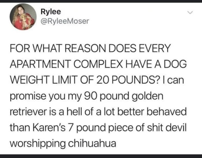 document - Rylee For What Reason Does Every Apartment Complex Have A Dog Weight Limit Of 20 Pounds? I can promise you my 90 pound golden retriever is a hell of a lot better behaved than Karen's 7 pound piece of shit devil worshipping chihuahua