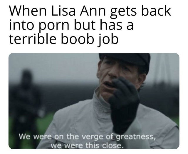 porn meme - porn meme - When Lisa Ann gets back into porn but has a terrible boob job We were on the verge of greatness, we were this close.