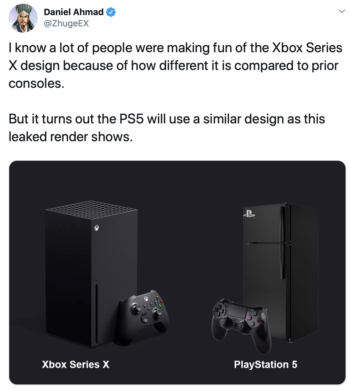 xbox series x gaming memes - Daniel Ahmad I know a lot of people were making fun of the Xbox Series X design because of how different it is compared to prior consoles. But it turns out the PS5 will use a similar design as this leaked render shows. Xbox Se
