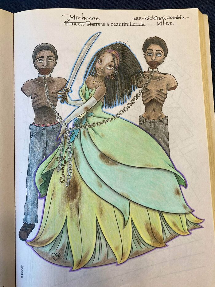 adults making childrens coloring books hilariously twisted - art - Michonne asskicking, zombie Princess Tiana is a beautiful bride Killer 200g Disney