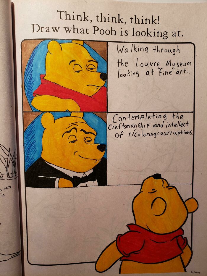adults making childrens coloring books hilariously twisted - cartoon - Think, think, think! Draw what Pooh is looking at. Walking through the Louvre Museum lo looking at "fine " art. Contemplating the Craftsmanship and intellect of rcoloring courruptions.