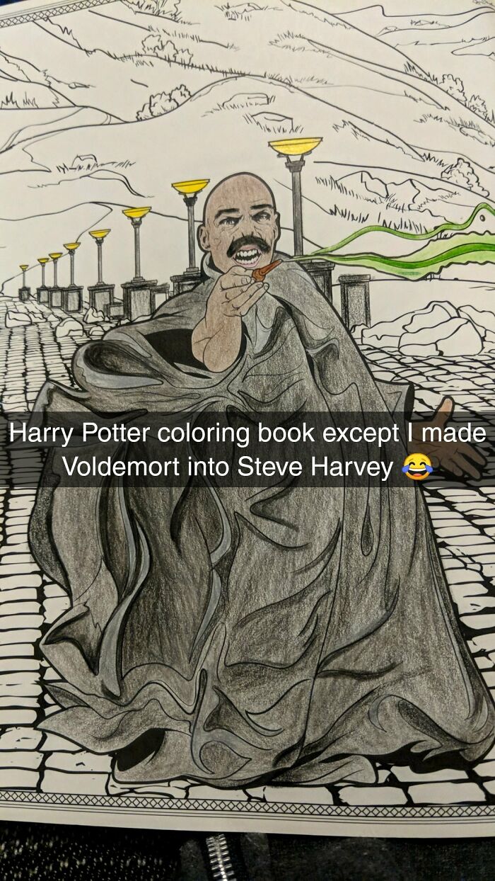 adults making childrens coloring books hilariously twisted - steve harvey voldemort - Wawa My he Vm Harry Potter coloring book except I made Voldemort into Steve Harvey