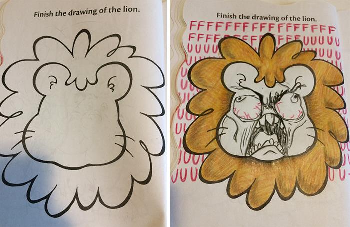 adults making childrens coloring books hilariously twisted - owl - Finish the drawing of the lion. n Finish the drawing of the lion. Fffffffffffffffff Fffff Ffuuuuu Vuvu Suu 0 Uy Jovy Jvc M