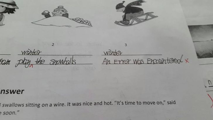 funny answers - chinese english exam - 3 winter kam play the snowballs winter An Error was fountelen x nswer swallows sitting on a wire. It was nice and hot. "It's time to move on," said soon."