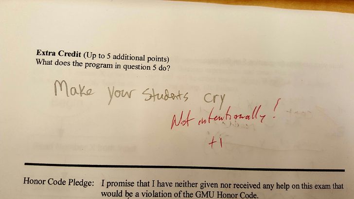 funny answers - writing - Extra Credit Up to 5 additional points What does the program in question 5 do? Make your students cry , Not intentionally! ti Honor Code Pledge I promise that I have neither given nor received any help on this exam that would be 