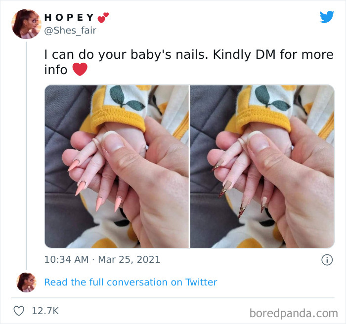 wtf parents - baby with fake nails - Hope Y I can do your baby's nails. Kindly Dm for more info Read the full conversation on Twitter boredpanda.com