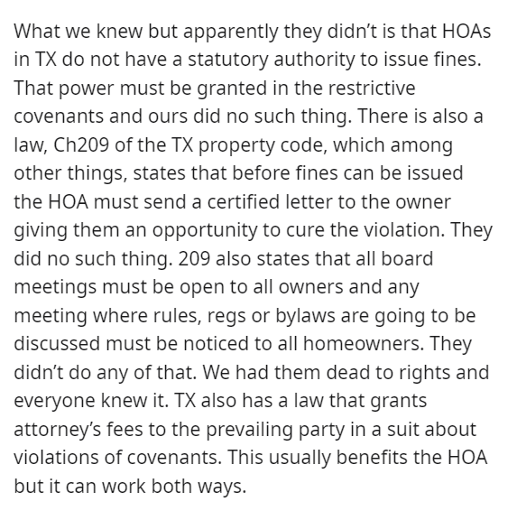hoa karen - will smith resignation statement - What we knew but apparently they didn't is that HOAs in Tx do not have a statutory authority to issue fines. That power must be granted in the restrictive covenants and ours did no such thing. There is also a