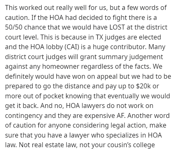 hoa karen - The Beauty Myth - This worked out really well for us, but a few words of caution. If the Hoa had decided to fight there is a 5050 chance that we would have Lost at the district court level. This is because in Tx judges are elected and the Hoa 