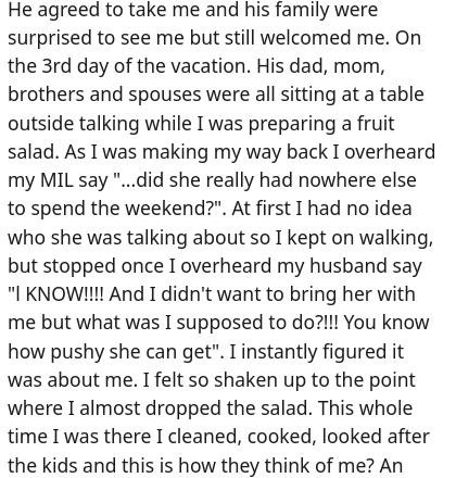 reddit thread - angle - He agreed to take me and his family were surprised to see me but still welcomed me. On the 3rd day of the vacation. His dad, mom, brothers and spouses were all sitting at a table outside talking while I was preparing a fruit salad.