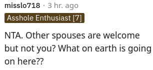 reddit thread - Mother - misslo7183 hr. ago Asshole Enthusiast 7 Nta. Other spouses are welcome but not you? What on earth is going on here??