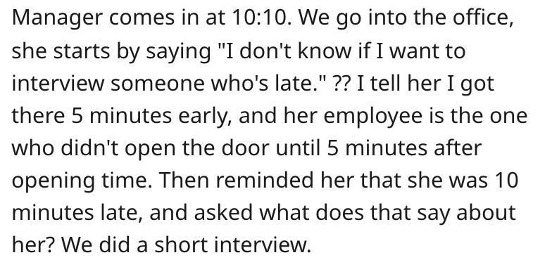 Manager Shows Up 10 Minutes Late to Interview, and Tries to Blame Interviewee Who Was 5 Minutes Early