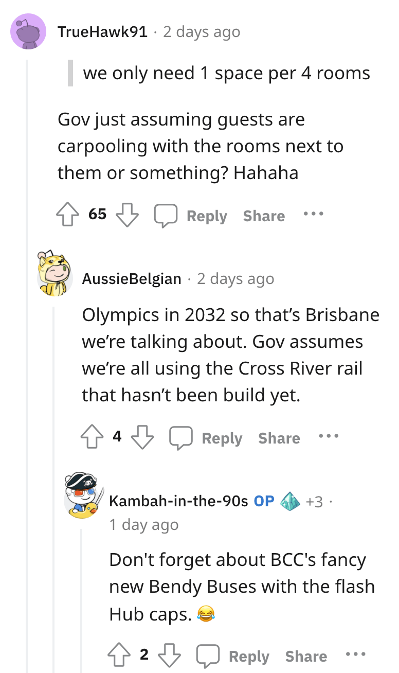 entitled karen - document - TrueHawk912 days ago we only need 1 space per 4 rooms Gov just assuming guests are carpooling with the rooms next to them or something? Hahaha 65 AussieBelgian 2 days ago Olympics in 2032 so that's Brisbane we're talking about.