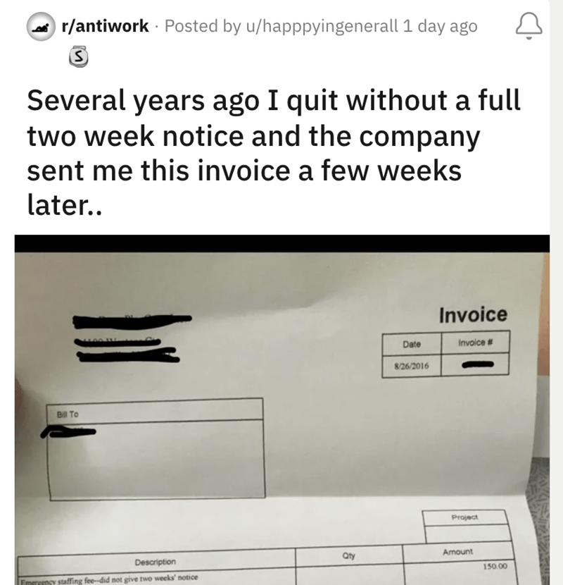 Delusional Boss Sends Ex Employee Invoice for Quitting Without Two Week Notice