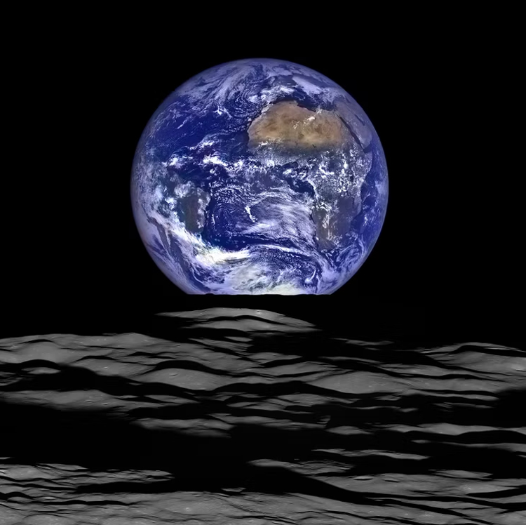 Luna Reconnaissance Orbiter showing the Earth rising over the horizon of the Moon.
