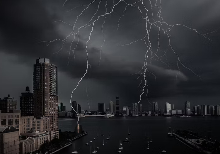 A fantastic view of mother nature in action as multiple lightning strikes hit at the same time across the Hudson river in New York.