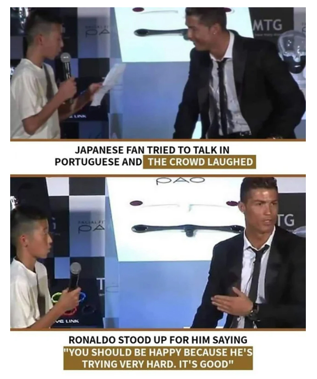 wholesome pics and memes -  ronaldo wholesome - Japanese Fan Tried To Talk In Portuguese And The Crowd Laughed Facial Fi Pa Mtg Ve Link Ronaldo Stood Up For Him Saying "You Should Be Happy Because He'S Trying Very Hard. It'S Good" Tg