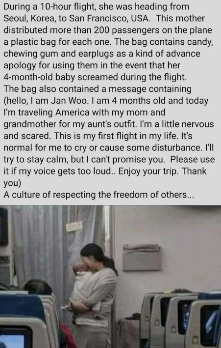wholesome pics and memes -  during a 10 hour flight she was heading from seoul korea to san francisco usa this mother distributed more than 200 passengers on the plane a plastic bag for each one the bag contained candy chewing gum and earplugs as a kind o