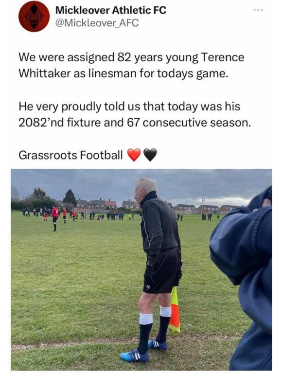 wholesome pics and memes -  grass - Mickleover Athletic Fc We were assigned 82 years young Terence Whittaker as linesman for todays game. He very proudly told us that today was his 2082'nd fixture and 67 consecutive season. Grassroots Football 31