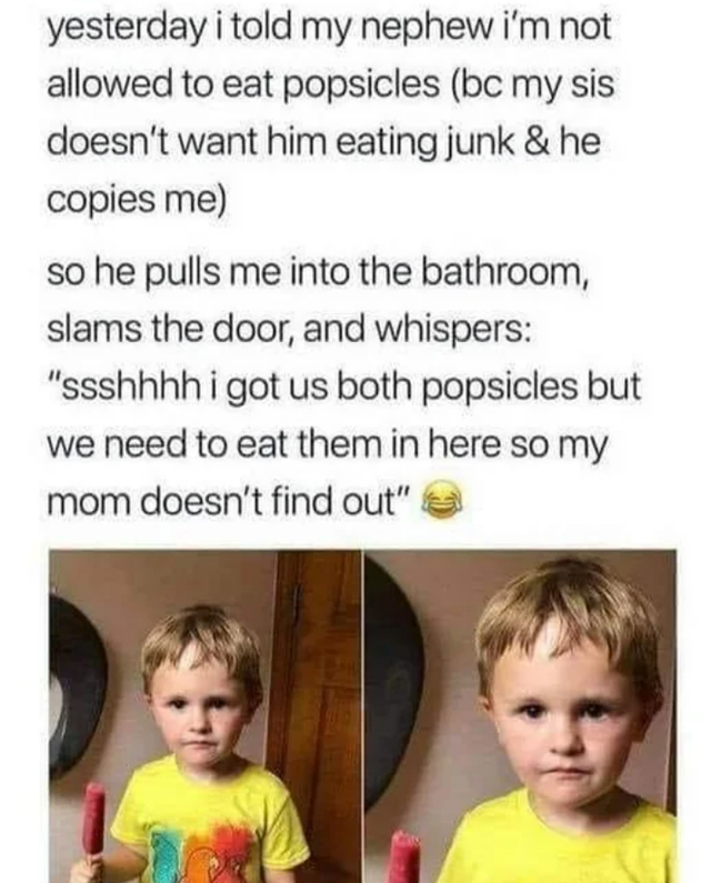 wholesome pics and memes -  head - yesterday i told my nephew i'm not allowed to eat popsicles bc my sis doesn't want him eating junk & he copies me so he pulls me into the bathroom, slams the door, and whispers "ssshhhh i got us both popsicles but we nee