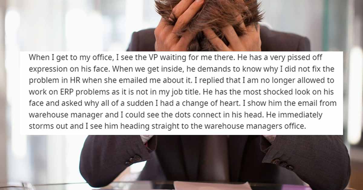 what would you tell your 13 year old self - shoulder - When I get to my office, I see the Vp waiting for me there. He has a very pissed off expression on his face. When we get inside, he demands to know why I did not fix the problem in Hr when she emailed