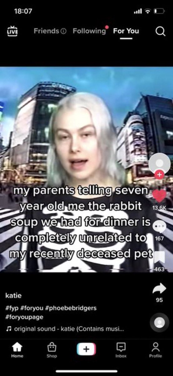 wtf tiktok screenshots - poster - K Live Friends ing For You Q my parents telling seven year old me the rabbit soup we had for dinner is completely unrelated to 167 my recently deceased pet katie original sound katie Contains musi... Home Shop Inbox 463 9