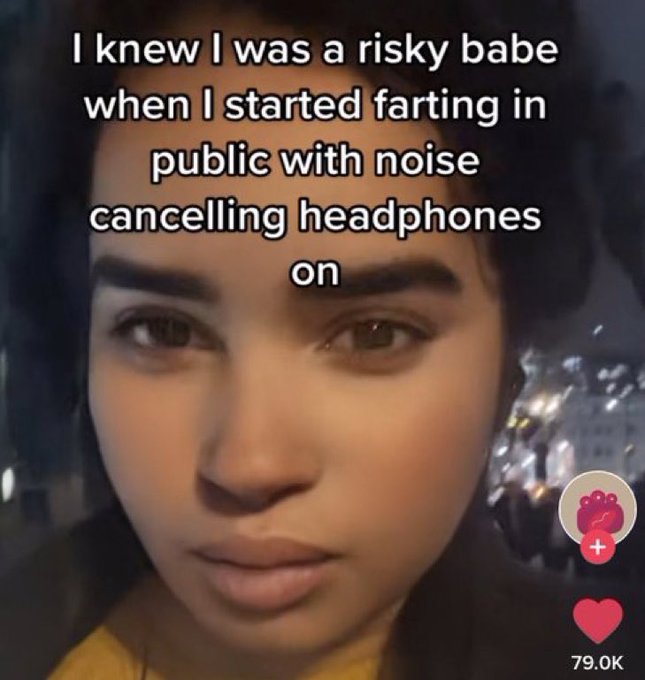 wtf tiktok screenshots - photo caption - I knew I was a risky babe when I started farting in public with noise cancelling headphones on