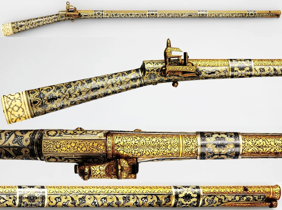 Flintlock rifle, made of steel, silver-gilt, niello, gold, ivory. .56 Caliber, likely made in Kubachi, Dagestan. Arabic inscription on the barrel, "Owned by Abā Muslim Khān Shamkhāl." Currently at the Met, NYC.