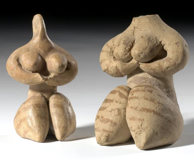 7,000-year-old figurines of two women. Tell Halaf, Syria, Halaf culture, 5000-4000 BC.
