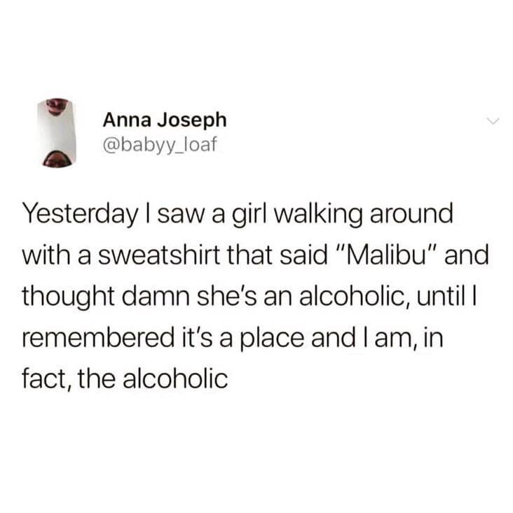 funny tweets of the week - Person - Anna Joseph Yesterday I saw a girl walking around with a sweatshirt that said "Malibu" and thought damn she's an alcoholic, until I remembered it's a place and I am, in fact, the alcoholic