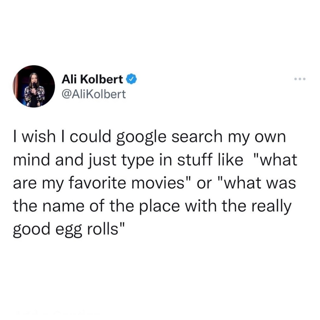 funny tweets of the week - funny tweets - Ali Kolbert I wish I could google search my own mind and just type in stuff "what are my favorite movies" or "what was the name of the place with the really good egg rolls"