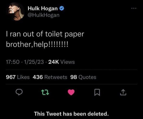 funny tweets of the week - anya taylor joy hacked tweets - Hulk Hogan I ran out of toilet paper brother, help!!!!!!!! 125 Views 967 436 98 Quotes 22 This Tweet has been deleted.