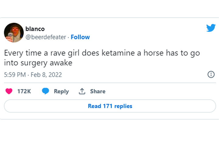 funny tweets of the week - elon musk twitter android - blanco . Every time a rave girl does ketamine a horse has to go into surgery awake Read 171 replies 8