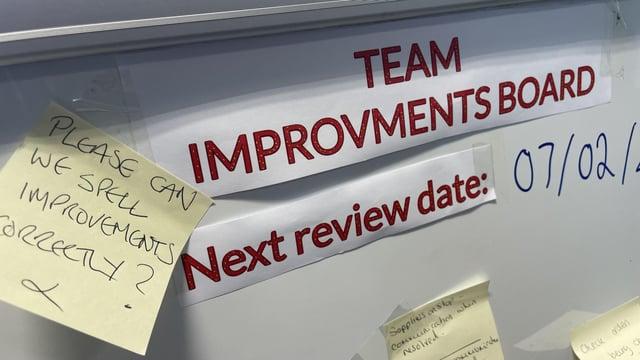 passive aggressive notes - signage - Team Improvments Board Next review date 0702 Please Can We Spell Improvements Correctly 2 Sopplies on ka Communicates wh resolved med Check orden