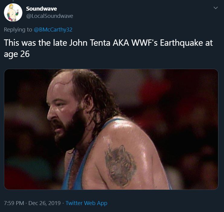 pics that prove people don't age like they used to - photo caption - Soundwave This was the late John Tenta Aka Wwf's Earthquake at age 26 Twitter Web App