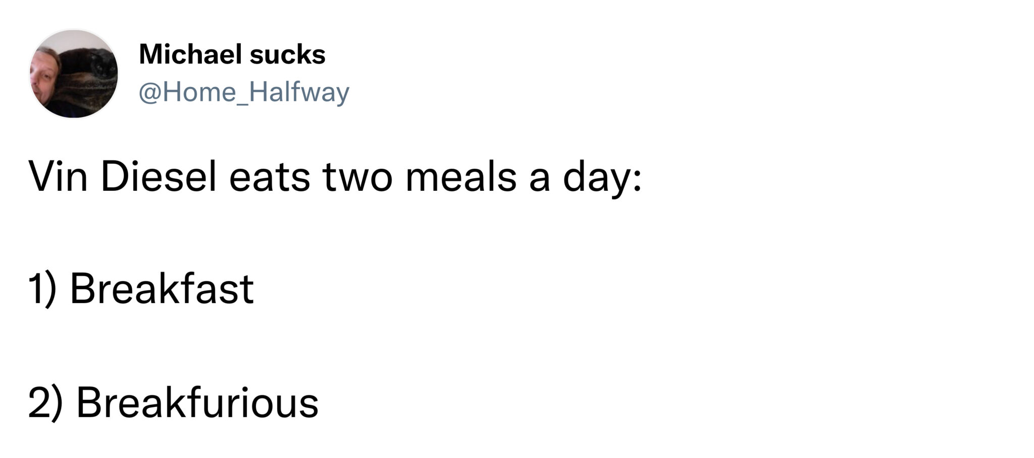 funny tweets - angle - Michael sucks Vin Diesel eats two meals a day 1 Breakfast 2 Breakfurious