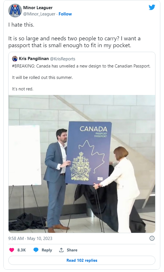 funny tweets - Canadian passport - Minor Leaguer I hate this. It is so large and needs two people to carry? I want a passport that is small enough to fit in my pocket. Kris Pangilinan Canada has unveiled a new design to the Canadian Passport. It will be r