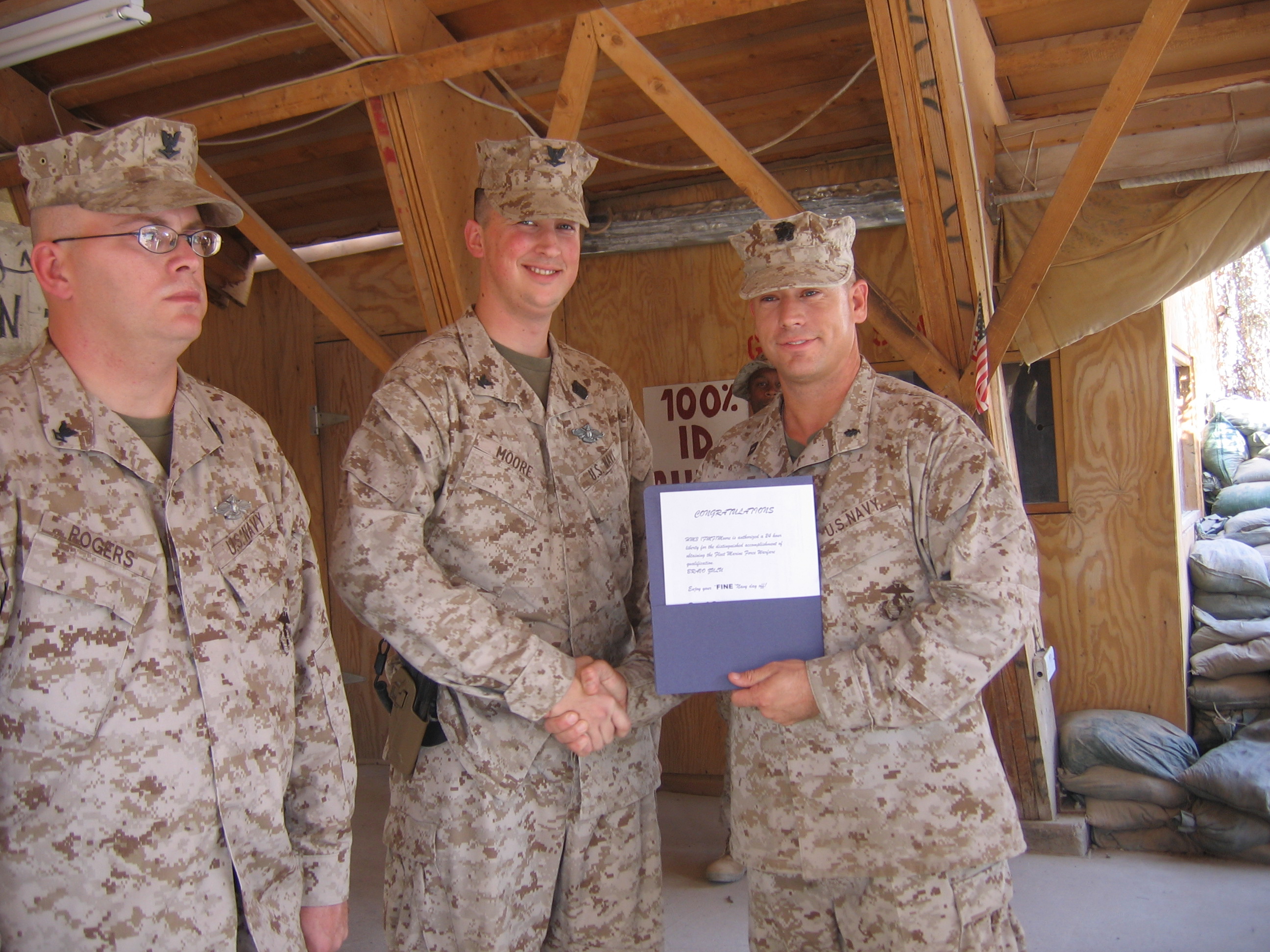 Receiving my Fleet Marine Force Warfare Qualification in Fallujah, 2007