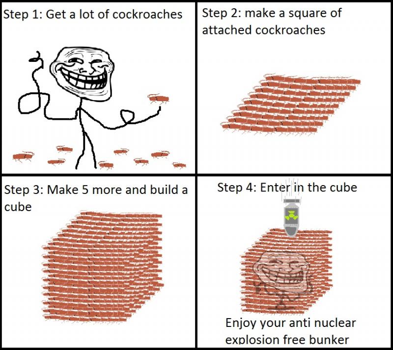 lol troll science comics - Step 1 Get a lot of cockroaches Step 2 make a square of attached cockroaches Step 4 Enter in the cube Step 3 Make 5 more and build a cube he Enjoy your anti nuclear explosion free bunker