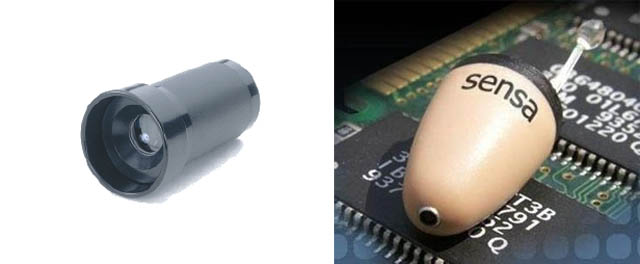 On Left: Reversible PeepHole, used to see inside a residence. On Right: wireless ear piece
